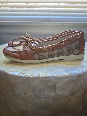 Michael Kors Tan Leather & Logo Canvas Boat Shoes